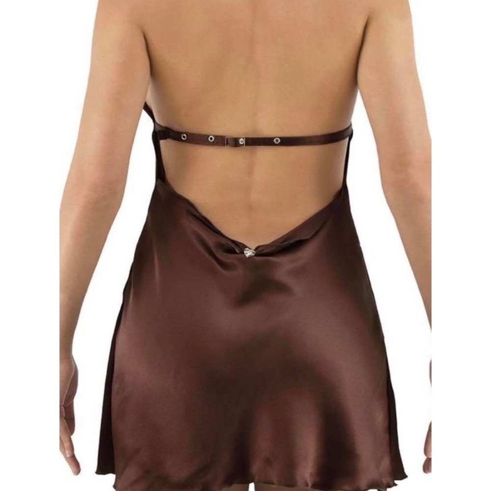 Heart of Sun Swim Chocolate Brown 100% Silk Cowl Neck Open Back Mini Dress M - Picture 3 of 7